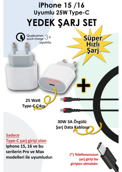 iPhone 15 / 16 Uyumlu Type-C 25W Yedek Şarj Cihazı Aleti ve 30W 3A Örgülü Şarj Kablosu Seti Pro Max