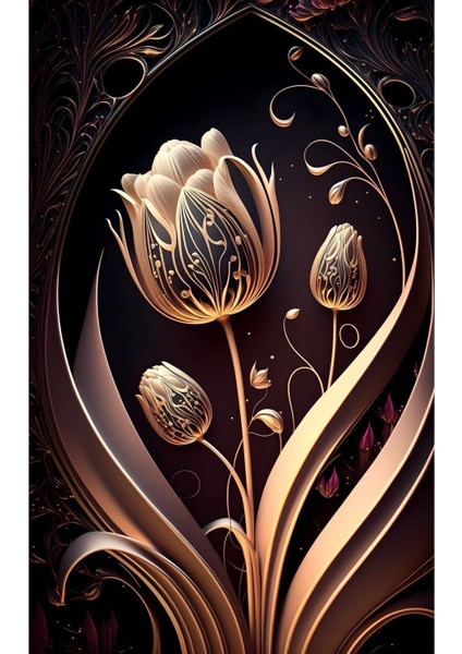 çiçek Tablosu Soyut Çiçek Gold Siyah 05|çerçeveli Temperli Cam Tablo Tekli Dikey fiyatları