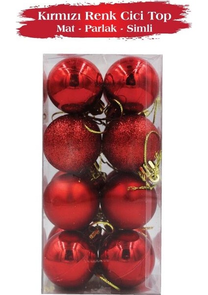 Yılbaşı Top Süs 3 cm Mat Simli Parlak Kırmızı 16LI