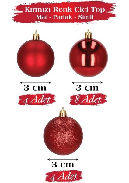 Yılbaşı Top Süs 3 cm Mat Simli Parlak Kırmızı 16LI fiyatları
