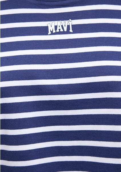 Mavi Logo Baskılı Çizgili Lacivert Crop Tişört 1612228-86681