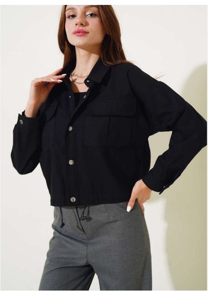 Infome Kadın Çıtçıt Kapamalı Beli Ayarlanabilir Çift Cep Gabardin Ceket