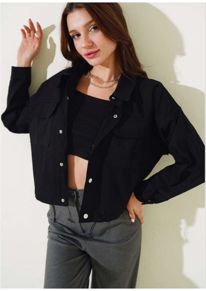 Infome Kadın Çıtçıt Kapamalı Beli Ayarlanabilir Çift Cep Gabardin Ceket
