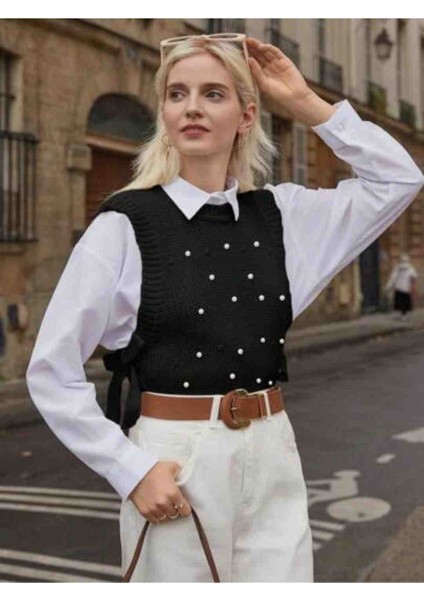 Beyaz Inci Detaylı Yandan Bağlamalı Süveter