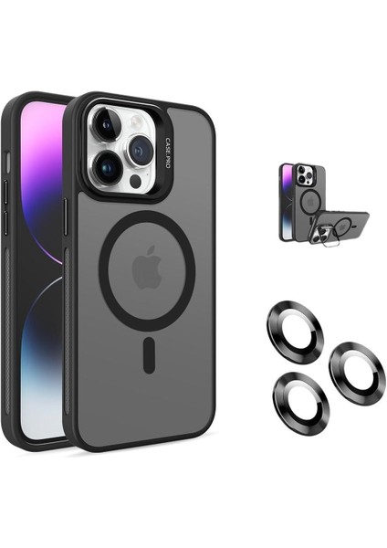 iPhone 16 Pro Max Kamera Korumalı Standlı Kılıf Magsafe Şarj ile Uyumlu Açılır Kamera Standlı Manyetik Kılıf + Lens Koruma Set