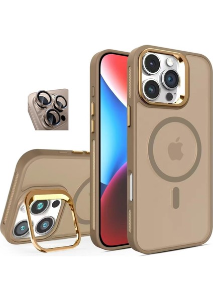iPhone 16 Pro Max Kamera Korumalı Standlı Kılıf Magsafe Şarj ile Uyumlu Açılır Kamera Standlı Manyetik Kılıf + Lens Koruma Set