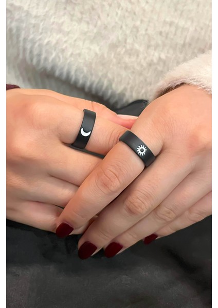 Güneş ve Ay Siyah Model Ayarlanabilir Çift Sevgili ve Arkadaşlık Yüzük Seti