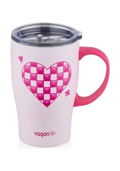 VGN8136 Kulplu Çelik Termos Bardak (Mug) 480 ml Kalpli Pembe