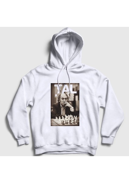 Unisex Beyaz Mikhail Tal Büyükusta Satranç Kapüşonlu Sweatshirt