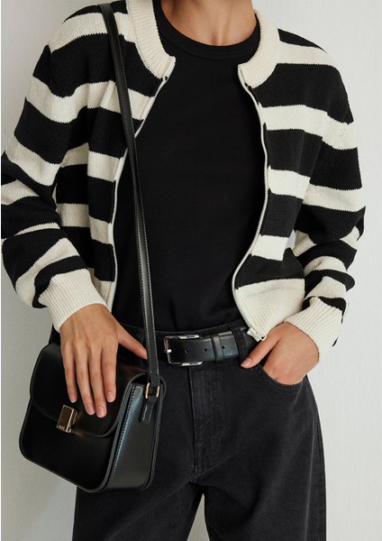 Fermuarlı Siyah Çizgili Hırka 1710526-85407