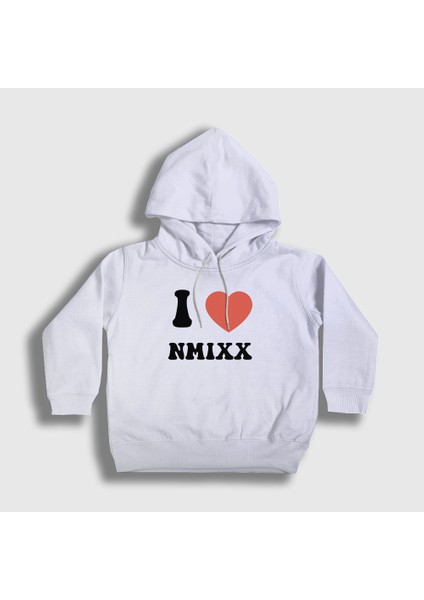 Unisex Çocuk Beyaz I Love Nmixx K Pop Kapüşonlu Sweatshirt