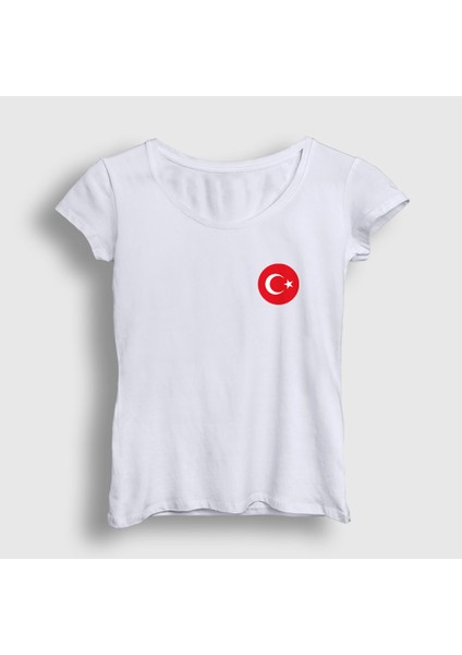 Kadın Beyaz Türk Bayrağı Ay Yıldız Yuvarlak Logolu T-Shirt