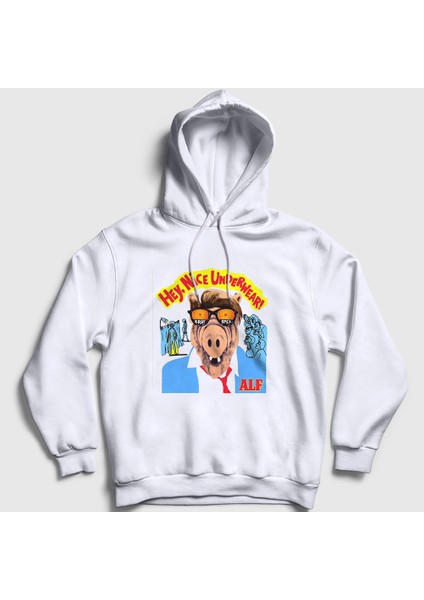 Unisex Beyaz Hey Nice Underwear Alf Kapüşonlu Sweatshirt
