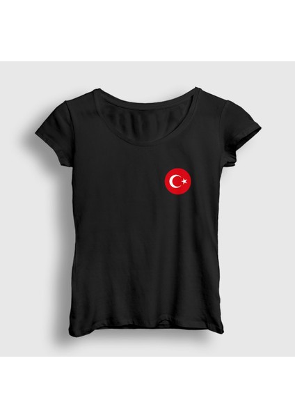 Kadın Siyah Türk Bayrağı Ay Yıldız Yuvarlak Logolu T-Shirt