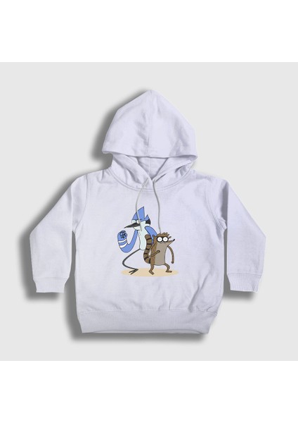 Unisex Çocuk Beyaz Mordecai And Rigby Regular Show Kapüşonlu Sweatshirt