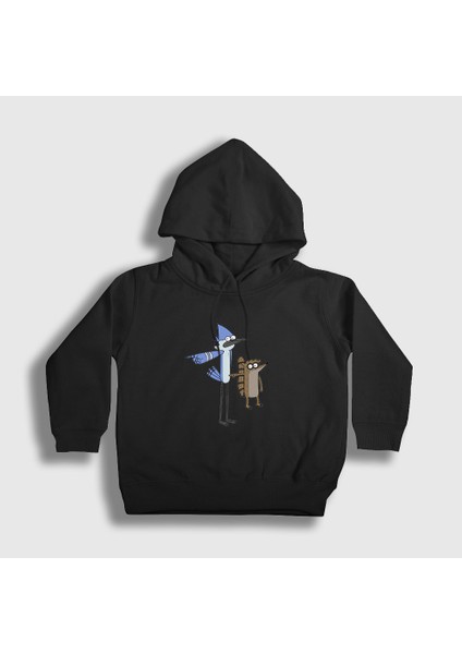 Unisex Çocuk Siyah Pointing Mordecai And Rigby Regular Show Kapüşonlu Sweatshirt