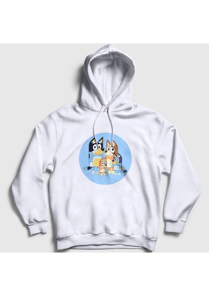 Unisex Beyaz Bluey Ailesi Bandit Chili Kapüşonlu Sweatshirt