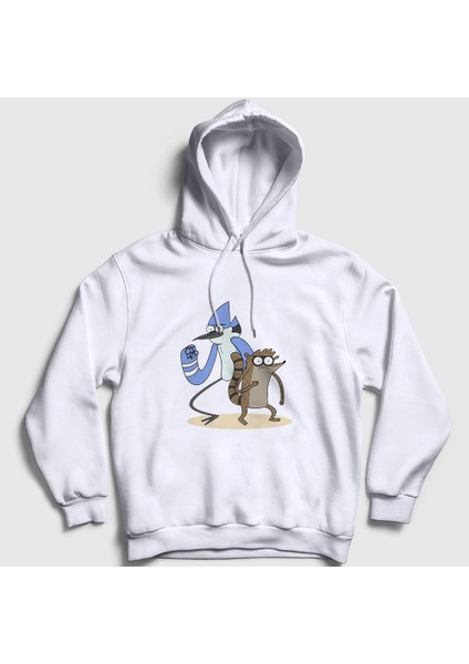 Unisex Beyaz Mordecai And Rigby Regular Show Kapüşonlu Sweatshirt