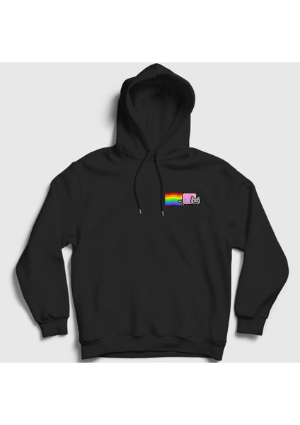 Unisex Siyah Nyan Cat Meme Kedili Kapüşonlu Sweatshirt