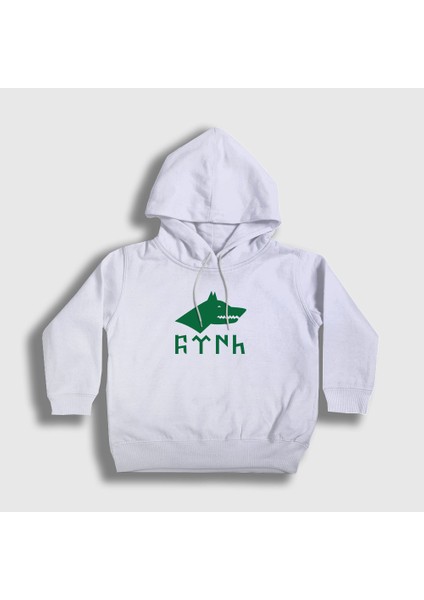 Unisex Çocuk Beyaz Göktürk Bayrağı Türk Yazılı Kurt Bozkurt Kapüşonlu Sweatshirt