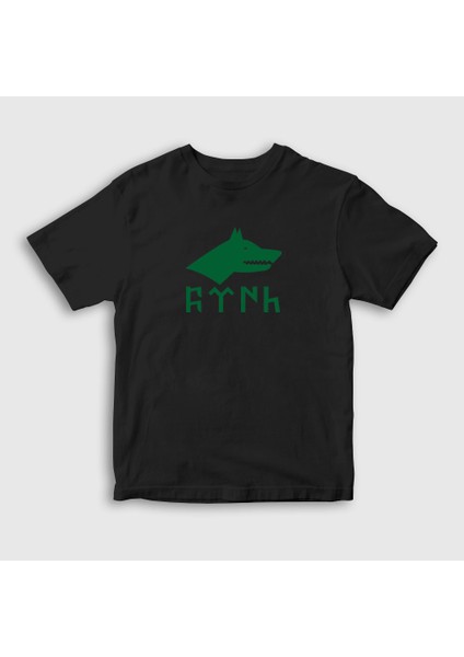 Çocuk Siyah Göktürk Bayrağı Türk Yazılı Kurt Bozkurt T-Shirt