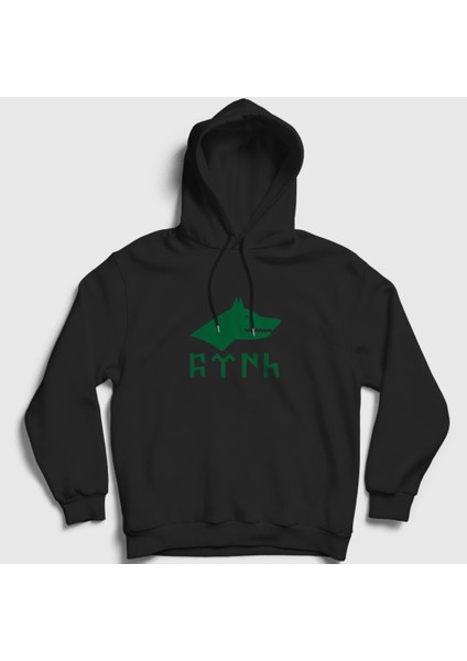 Unisex Siyah Göktürk Bayrağı Türk Yazılı Kurt Bozkurt Kapüşonlu Sweatshirt