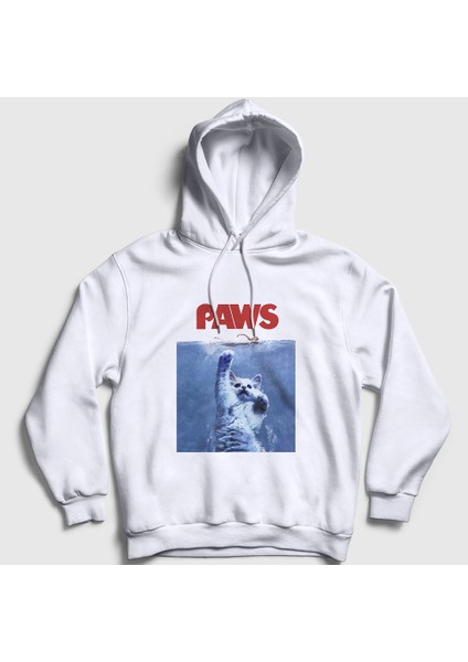Unisex Beyaz Paws Jaws Film Komik Kedi Kedili Kapüşonlu Sweatshirt