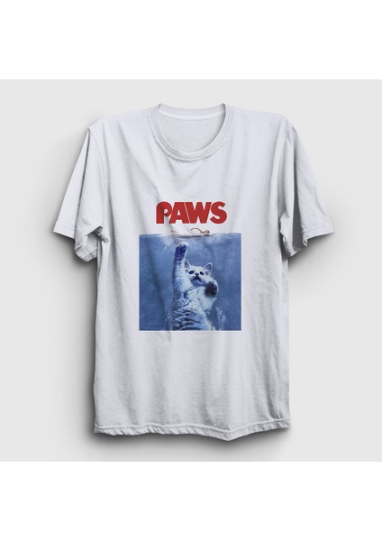 Beyaz Paws Jaws Film Komik Kedi Kedili T-Shirt