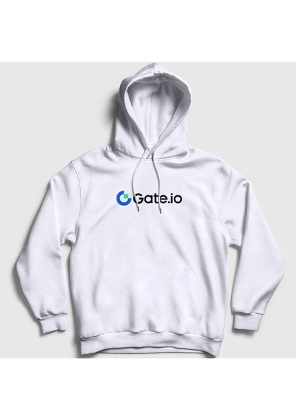 Unisex Beyaz Logo Bitcoin Blockchain Gate Io Kapüşonlu Sweatshirt