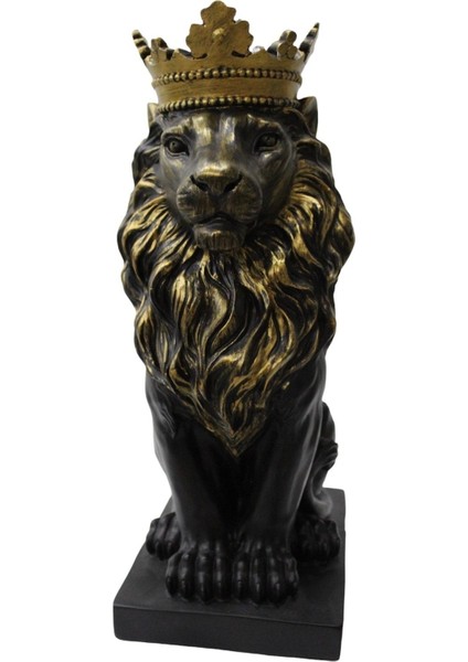 Tekno Trust Taçlı Aslan Kral Heykeli Siyah Dekoratif Obje (35X13X19CM)