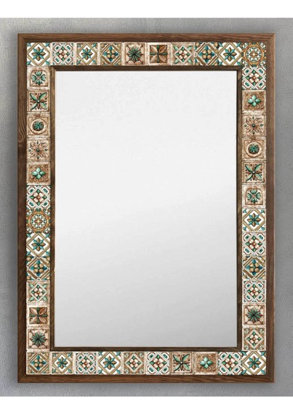 Tekno Trust Masif Çerçeveli Mozaik Taş (Mermer) Ayna 53X73 cm (Etnik Seramik Desenli) Brown