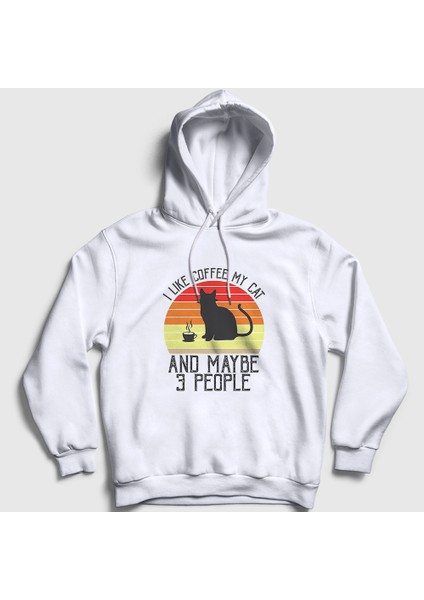 Unisex Beyaz Coffee My Cat Kedi Kedili Kapüşonlu Sweatshirt