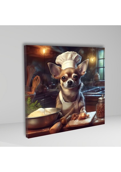 Kare Kanvas Mutfak Tablosu Aşçı Hayvanlar Kahverengi Chihuahua
