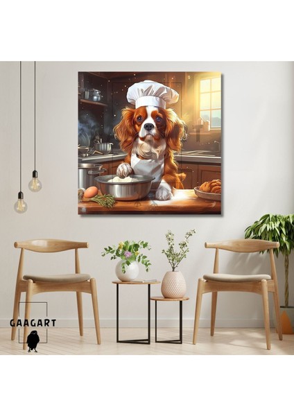 Kare Kanvas Mutfak Tablosu Aşçı Hayvanlar King Charles Köpek