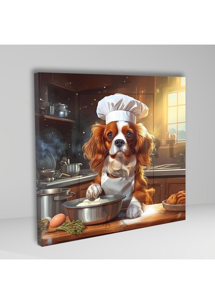 Kare Kanvas Mutfak Tablosu Aşçı Hayvanlar King Charles Köpek