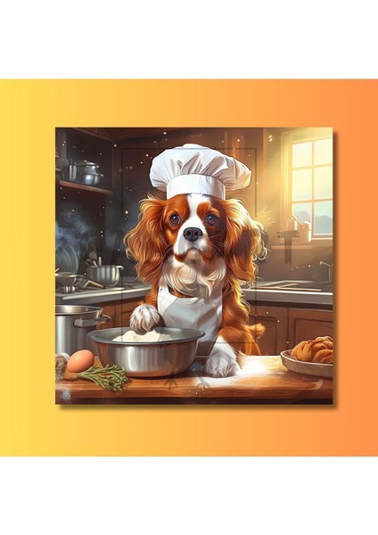 Kare Kanvas Mutfak Tablosu Aşçı Hayvanlar King Charles Köpek