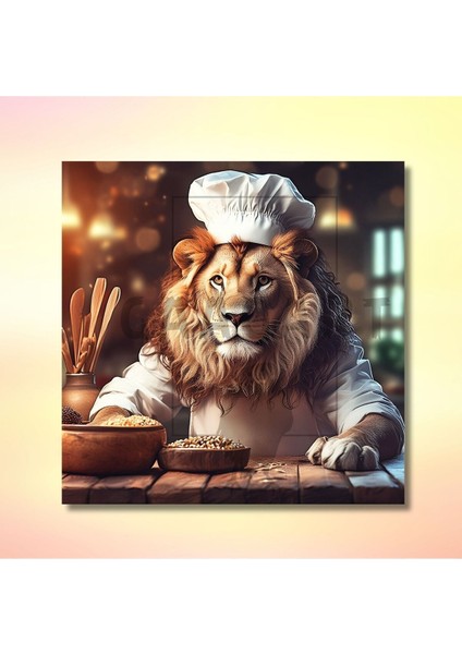 Kare Kanvas Mutfak Tablosu Aşçı Hayvanlar Aslan