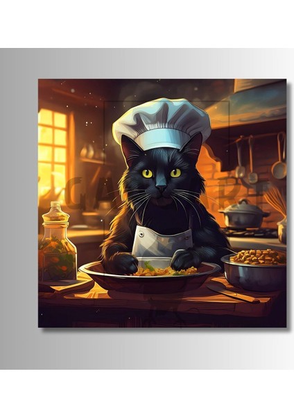 Kare Kanvas Mutfak Tablosu Aşçı Hayvanlar Siyah Kedi