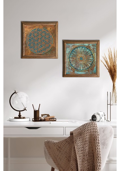 Yaşam Çiçeği Taş Duvar Tablosu Ahşap Çerçeveli Duvar Dekoru 2 Parça Tablo Seti Wall Art -W2-522-