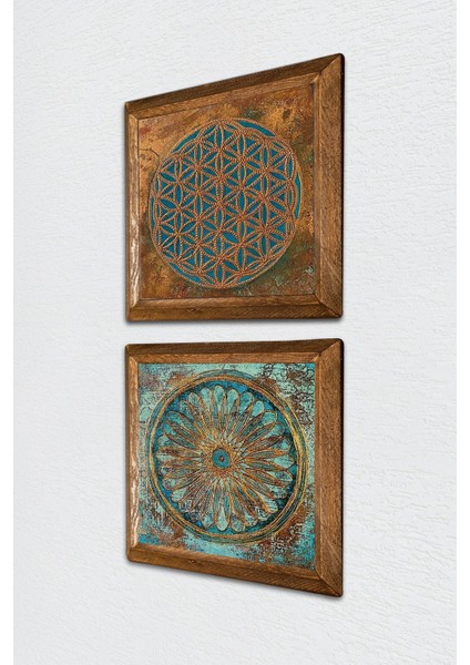 Yaşam Çiçeği Taş Duvar Tablosu Ahşap Çerçeveli Duvar Dekoru 2 Parça Tablo Seti Wall Art -W2-522-