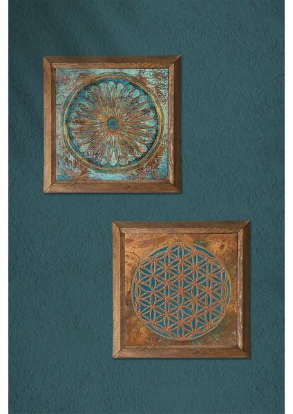 Yaşam Çiçeği Taş Duvar Tablosu Ahşap Çerçeveli Duvar Dekoru 2 Parça Tablo Seti Wall Art -W2-522-