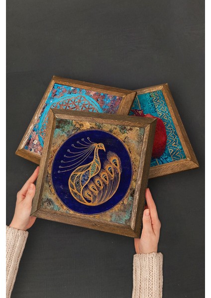 Yaşam Çiçeği Taş Duvar Tablosu Ahşap Çerçeveli Duvar Dekoru 2 Parça Tablo Seti Wall Art -W2-522-