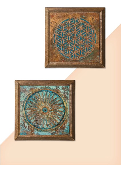 Yaşam Çiçeği Taş Duvar Tablosu Ahşap Çerçeveli Duvar Dekoru 2 Parça Tablo Seti Wall Art -W2-522-