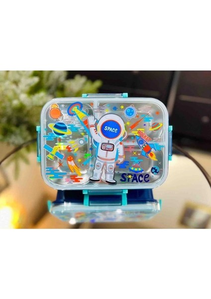 BES0007 Astronot Desenli Şeffaf Kapaklı 3 Bölmeli 800 ml Çelik Beslenme Kabı