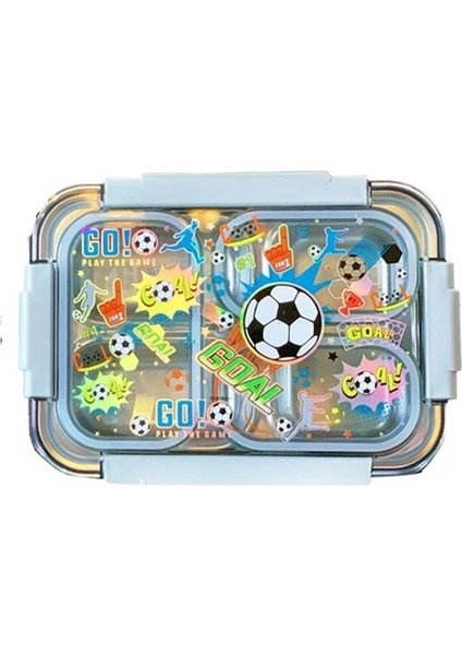 BES0004 Futbol Desenli Şeffaf Kapaklı 3 Bölmeli 710 ml Çelik Beslenme Kabı