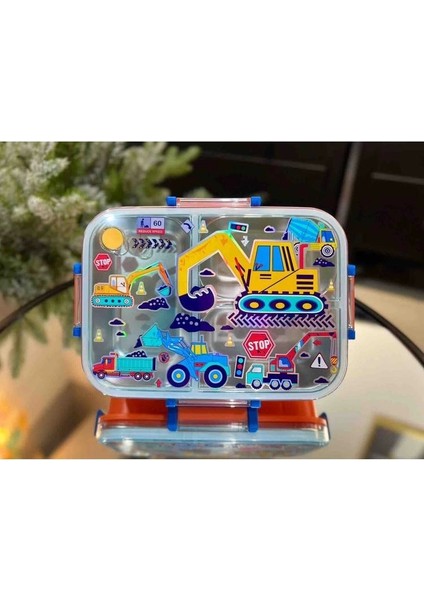 BES0009 Inşaat Desenli Şeffaf Kapaklı 3 Bölmeli 800 ml Çelik Beslenme Kabı