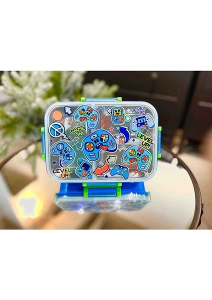 BES0008 Oyun Desenli Şeffaf Kapaklı 3 Bölmeli 800 ml Çelik Beslenme Kabı