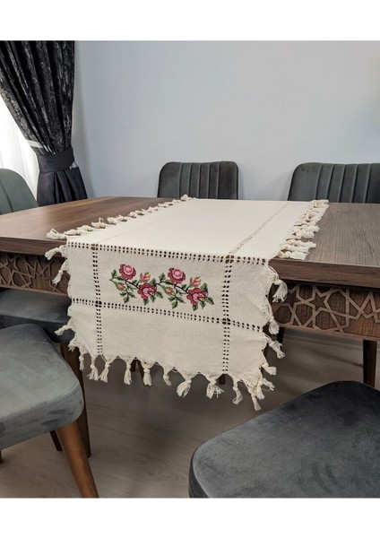 Kırmızı Kanaviçeli Runner - Ranır Kanaviçe Iğne Işli El Bağlamalı Kaneviçe Örtü Sehpa Masa Örtüsü indirimleri