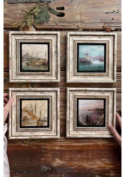 Tekno Trust Çerçeveli Taş Tablo Duvar Dekoru 20x20cm 4'Lü Set Eski Istanbul Tabloları Manzara