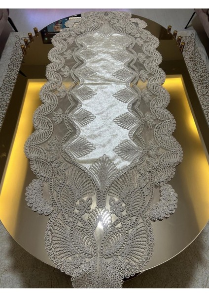 Damla 5 Parça Lüks Runner Salon Oda Sehpa Masa Örtü Takımı Fransız Güpürlü Çeyizlik Set Kapiçino